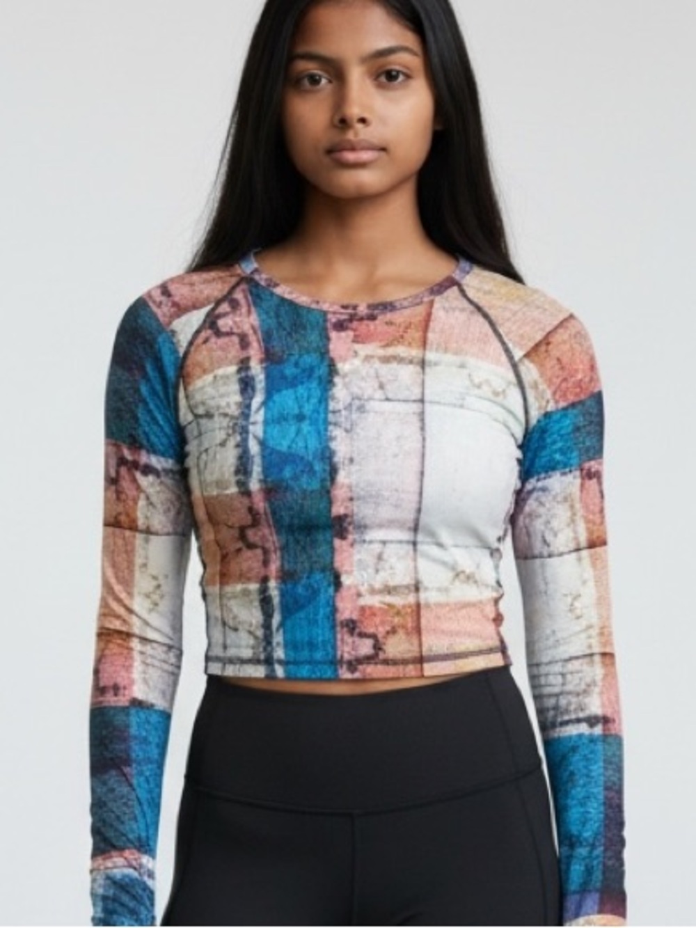Zara Multicolor Patchwork Long Sleeve Crop Top Size Large